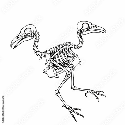 Eerie skeletal remains of a two-headed bird, a unique biological anomaly.