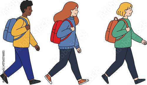 Flat Vector Illustration of Group of Students Walking with Backpacks