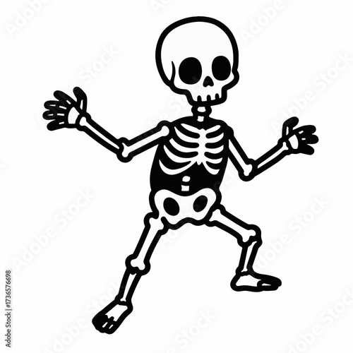 Spooky skeleton dancing with arms outstretched in a playful pose