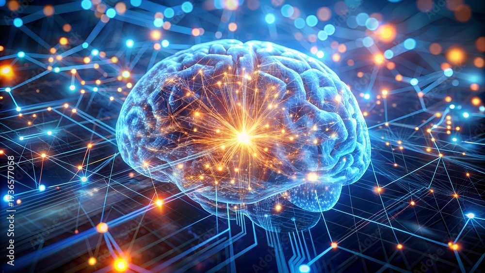 Fototapeta premium Stylized 3d rendering of a human brain illuminated with glowing blue and orange lights, interconnected by a network of lines and nodes, representing neural activity and cognition