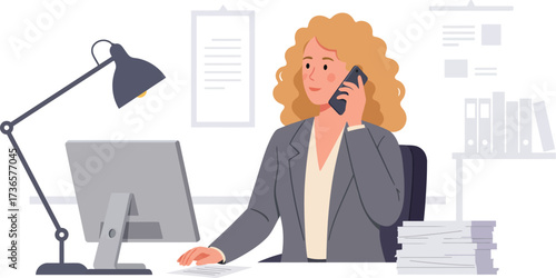 Flat vector illustration of a businesswoman working at office desk, talking on phone with computer and documents, corporate communication concept, minimal cartoon style, isolated on white background