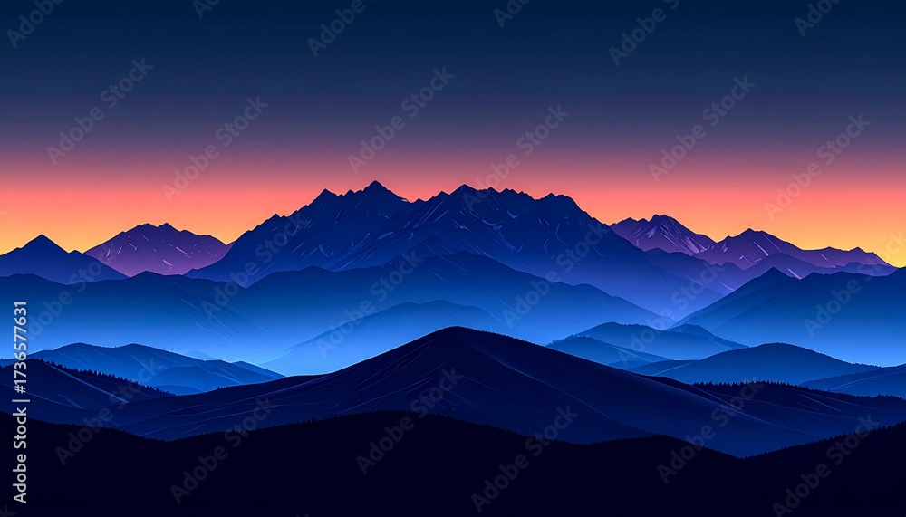 Obraz premium Majestic mountain range silhouettes at sunset, displaying an array of colors. The stunning scenery evokes a sense of wonder and awe