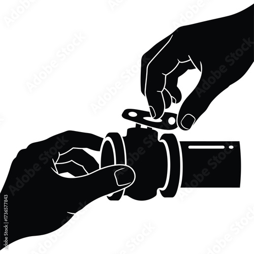 Hands operating a valve on a pipe, black and white vector illustration plumbing water repair plumber faucet fixture control turn off