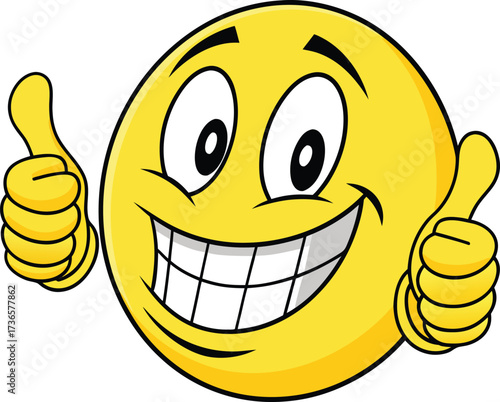 Vector art of happy yellow smiley face emoji giving two thumbs up