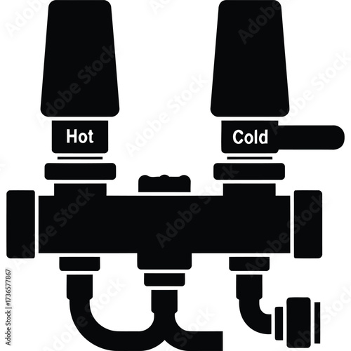 Hot and Cold Water Faucet Icon plumbing fixture valve tap handle temperature control symbol illustration graphic vector isolated black