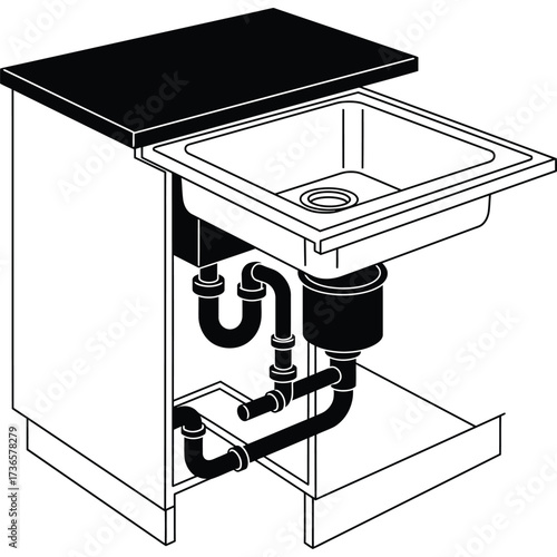 Kitchen sink with plumbing illustration cabinet drain pipe fixture basin water home interior design house renovation repair maintenance