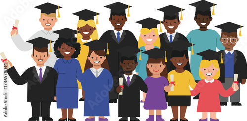 Flat vector illustration of a diverse group of graduates in cap and gown holding diplomas, academic success and celebration, minimal cartoon style, isolated on white background