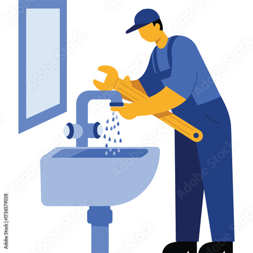 Plumber fixing a leaky faucet in a bathroom sink wrench repair maintenance water plumbing service uniform cap worker handyman