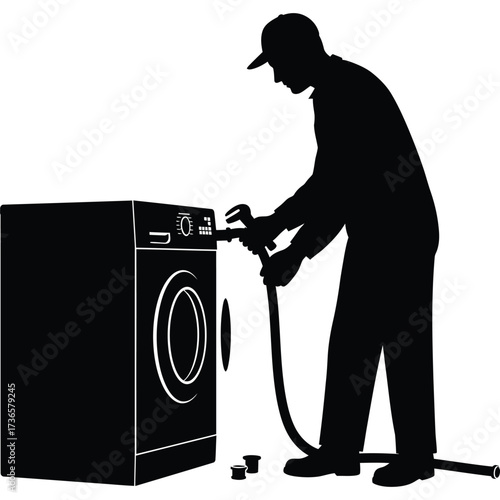 Plumber repairing washing machine silhouette maintenance worker wrench hose plumbing service technician fix appliance domestic