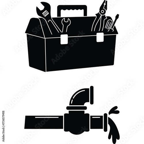 Plumbing Repair with Toolbox and Leaky Pipe tools maintenance wrench screwdriver pliers plumber fix fixture water damage home