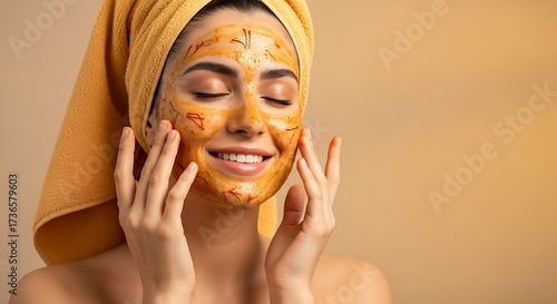 Happy Young Woman with Saffron Facial Mask and Yellow Towel, Skincare Routine