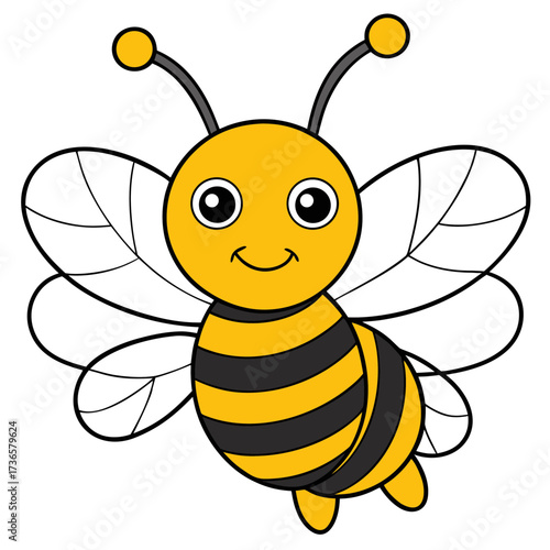 Cartoon bumble bee illustration with happy expression on white background