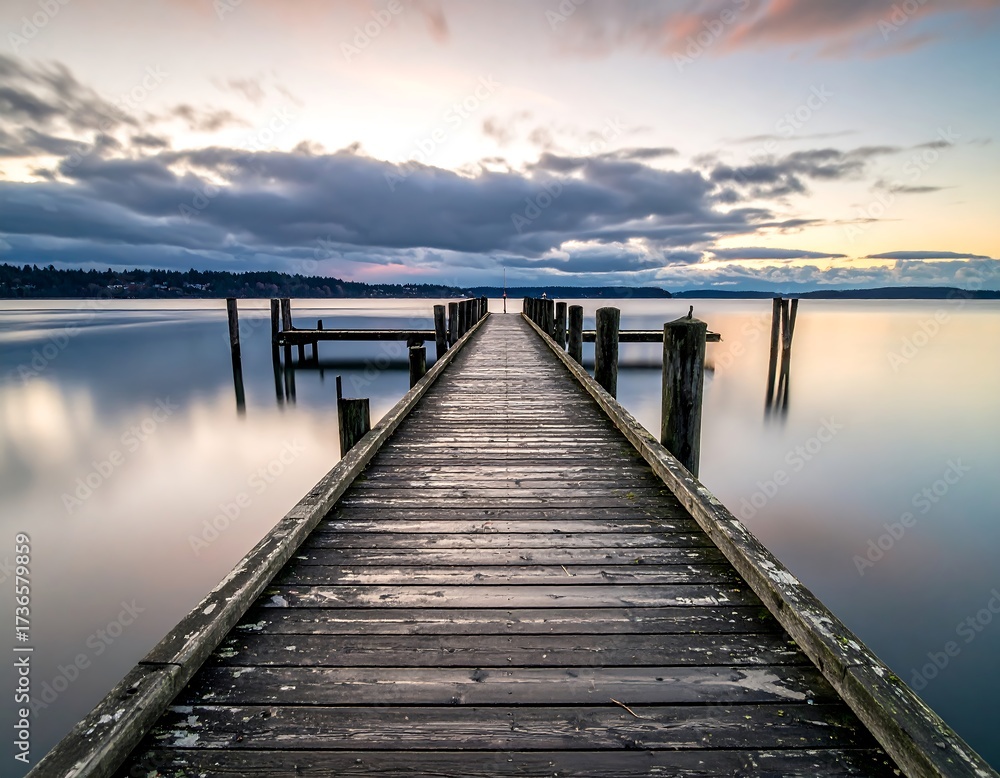 Obraz premium Tranquil Lakeside Dock at Sunset