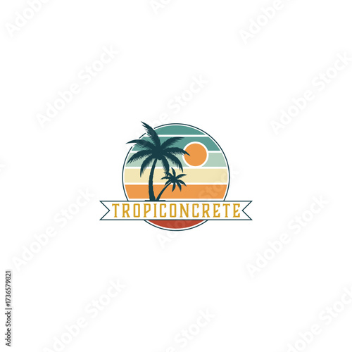 A vintage tropical logo for concrete garage floors featuring palm trees and a sun in a retro color palette.