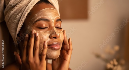 Young African American woman applying a clay facial mask for skincare and self-care routine at home, wrapped in a towel.