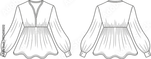 Women’s blouse flat sketch, fashion design illustration, V‑neck puff sleeve top, scalloped hemline, garment technical drawing, apparel vector template