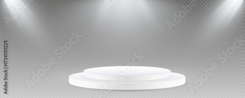 Podium, empty pedestal with light for awarding, prize giving, honor vector png. A stage display case for displaying cosmetics or other products. Product advertising stand.