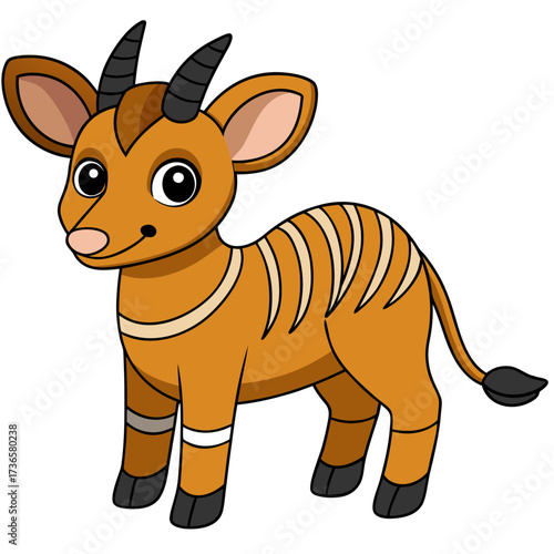 Cute cartoon bongo antelope character standing on white background