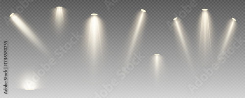 Spotlight, vector light set png, walls, studio light, different colors and shades of realistic light for design, advertising, banner, poster. Light rays and light effect	
