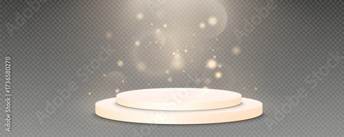 Podium, empty pedestal with light for awarding, prize giving, honor vector png. A stage display case for displaying cosmetics or other products. Product advertising stand.