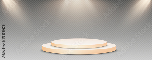 Podium, empty pedestal with light for awarding, prize giving, honor vector png. A stage display case for displaying cosmetics or other products. Product advertising stand.
