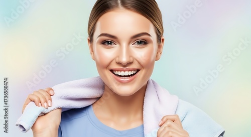 Smiling young woman with fresh face holding a towel, symbolizing health, beauty, and wellness.