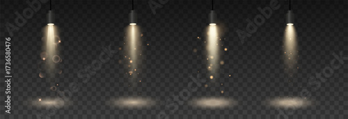 Spotlight, vector light set png, walls, studio light, different colors and shades of realistic light for design, advertising, banner, poster. Light rays and light effect	
