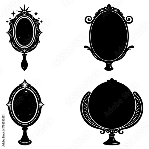 Four ornate mirrors with different designs and shapes in black and white silhouette style illustration