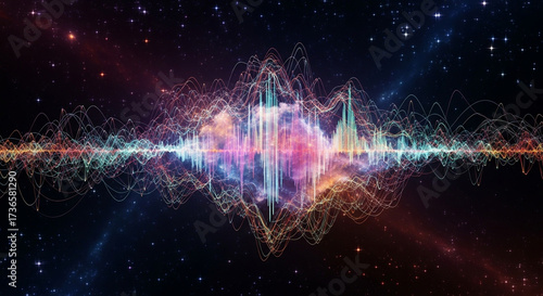Dynamic abstract sound wave visualization against a stunning starry cosmic background