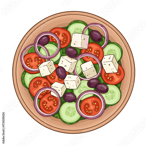 Greek salad with feta cheese, cherry tomatoes, cucumber slices, and Kalamata olives in a shallow ceramic bowl. Doodle art style with contour details.