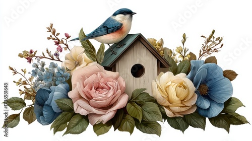 Charming birdhouse with bluebird and roses