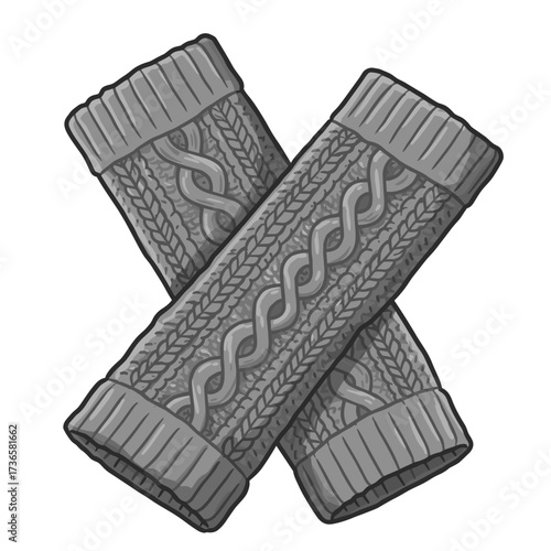 Minimalistic flat vector illustration of a pair of long, charcoal gray knitted leg warmers with a thick cable pattern, lying folded on top of each other.