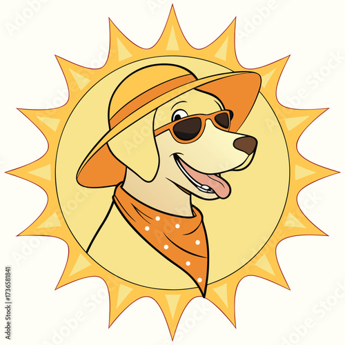 Vector art of a happy golden retriever dog wearing a sun hat and sunglasses, with a bandana around its neck, set against a bright sun