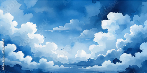 Bright, blue sky with fluffy white clouds is a beautiful summer nature cloudscape under the day sunlight