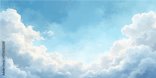 Beautiful, bright blue summer sky with fluffy white cumulus clouds