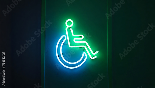Blue and green neon wheelchair symbol on a dark background