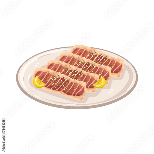 Illustration of Seared Tuna on Plate with Lemon