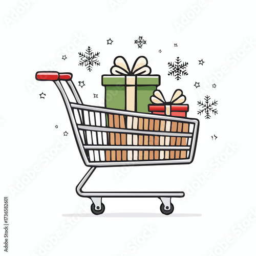 Shopping cart filled with Christmas gifts and surrounded by snowflakes grocery cart presents