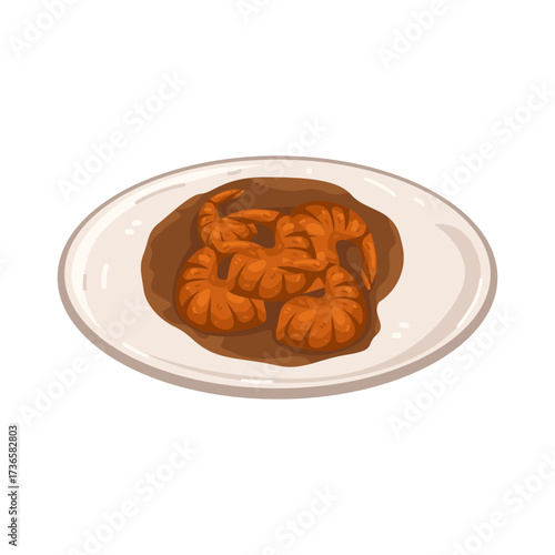 Illustration of Shrimp in Sauce on Plate