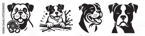 Modern Minimalist American Bulldog Holding Donuts Icon, Flat Silhouette of a Cute Pet Animal Vector for Dessert Illustration Design