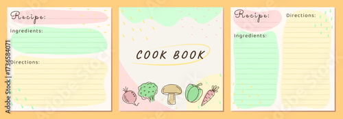 Cook book template card set with vegetable icons, light beige vector recipe pages for healthy food. Three cards in yellow, pink, green colors. Square blanks with recipe name, ingredients, directions
