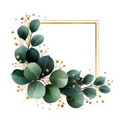 Golden frame with eucalyptus leaves and berries botanical corner on white background