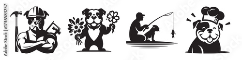 Modern Minimalist American Bulldog With Plumber Style Icon, Flat Silhouette of a Cool Pet Animal Vector for Work Illustration Design