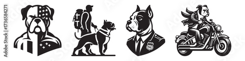 Modern Minimalist American Bulldog Adventure Riding With Motorcycle Icon, Flat Silhouette of a Cool Pet Animal Vector for Biker Illustration Design
