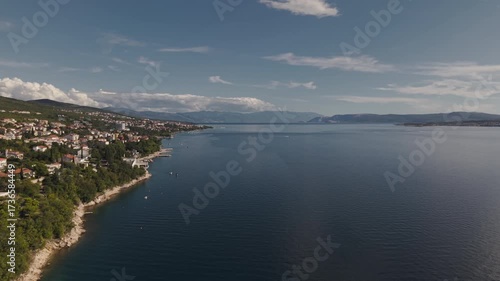 4K drone footage of Kacjak peninsula near Crikvenica and Dramalj, flying over turquoise Adriatic Sea, beaches, cliffs, and stunning coastal landscape.