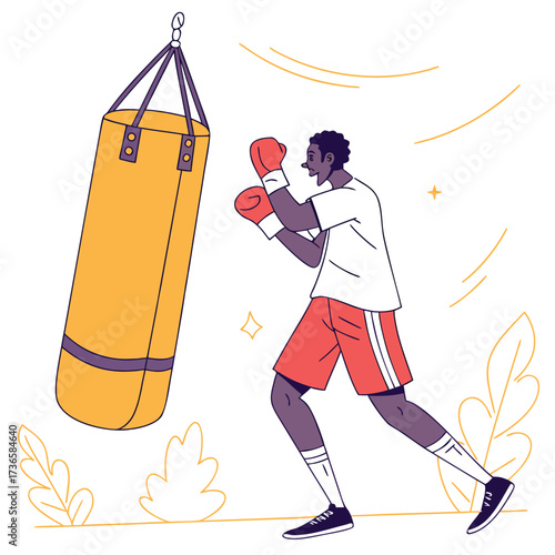African American boxer training with a punching bag illustration demonstrating workout routine and physical fitness concept for sport and exercise promotions