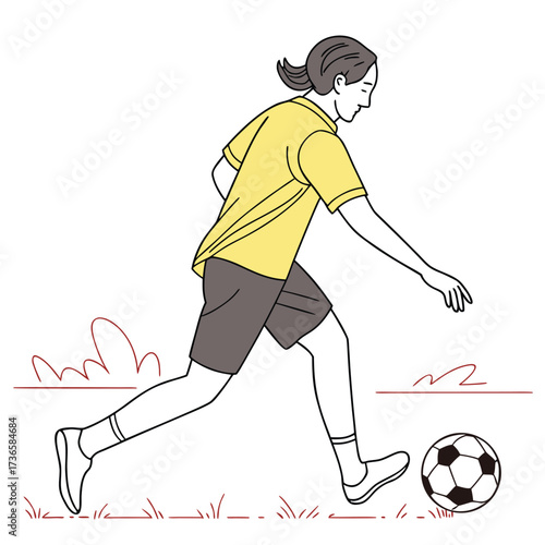 Female soccer player dribbling the ball on the field with focus and determination in minimalistic style