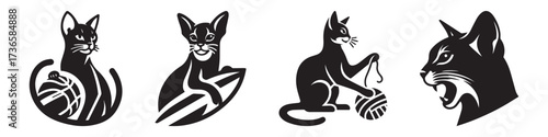 Modern Minimalist Abyssinian Cat Playing Thread Icon, Flat Silhouette of a Cute Pet Animal Vector for Fun Illustration Design