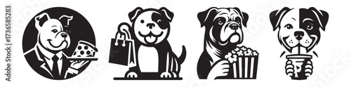 Modern Minimalist American Bulldog Holding Pizza Icon, Flat Silhouette of a Funny Pet Animal Vector for Food Illustration Design