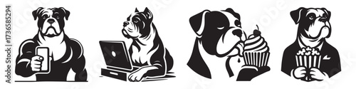 Modern Minimalist American Bulldog Holding Glass Icon, Flat Silhouette of a Cool Pet Animal Vector for Beverage Illustration Design